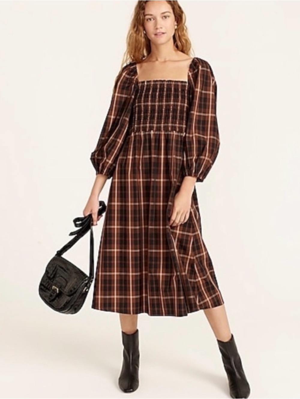 J. Crew Plaid Smocked Midi Dress in Brown